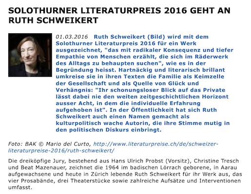 SOLOTHURNER LITERATURPREIS 2016 GEHT AN RUTH SCHWEIKERT